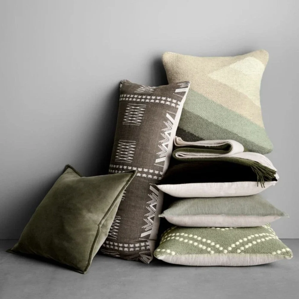 Set of 2 Crate & Barrel Sage Kilim Cotton Wool Blend Throw Pillow Covers 23x23